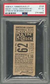 1938 NY Yankees Ticket Stub 8/27/39 - Yanks vs Indians at Yankee Stadium - Monte Pearson pitches first no-hitter in Yankee Stadium History